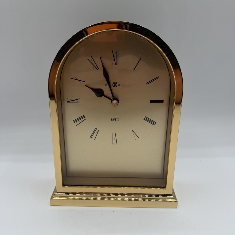 Vintage Howard Miller Quartz Brass Finish Mantle Desk Table Clock 7.5" Japan